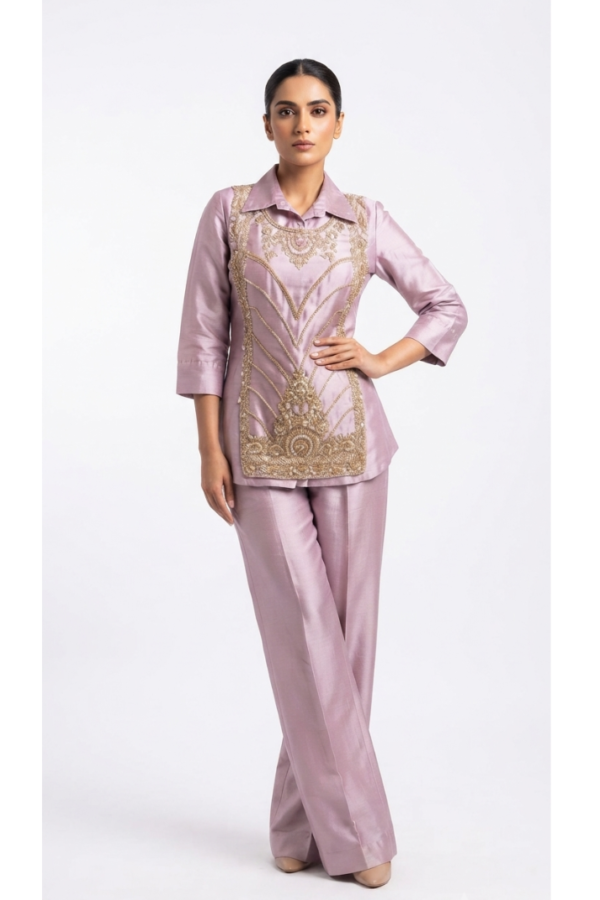 Women’s Dusty Pink Embellished Shirt & Wide-Leg Pants Set