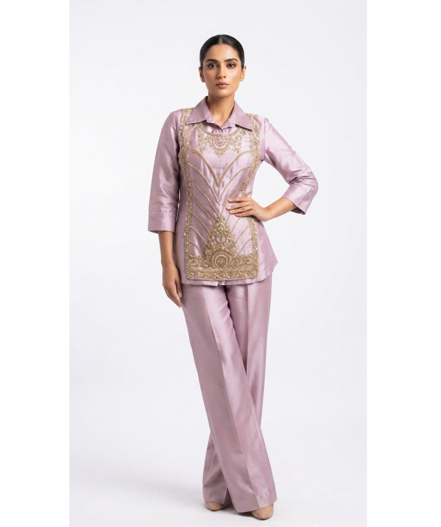 Women’s Dusty Pink Embellished Shirt & Wide-Leg Pants Set