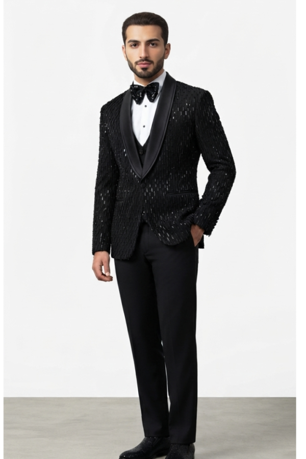 Men’s Black Textured Sequin Tuxedo Suit
