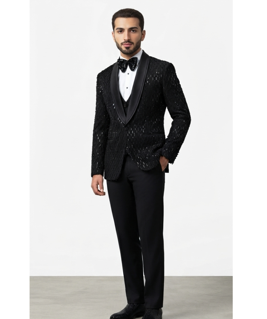 Men’s Black Textured Sequin Tuxedo Suit