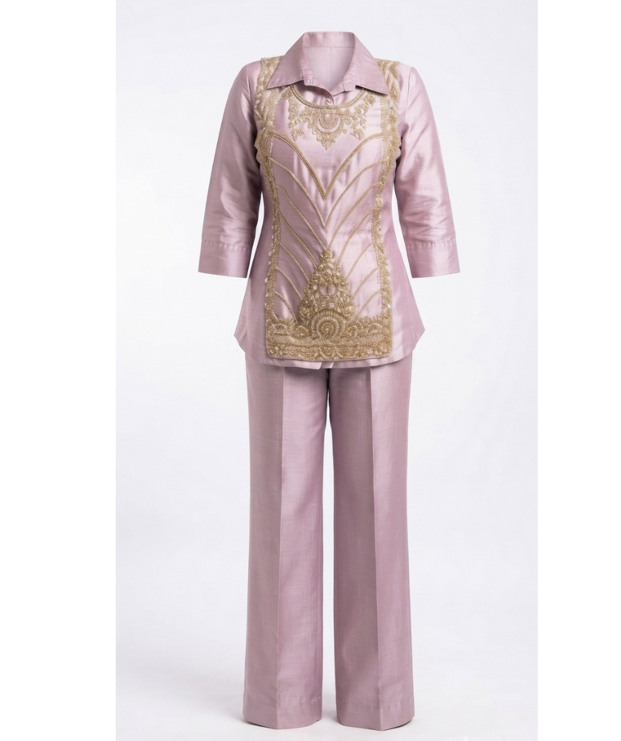 Women’s Dusty Pink Embellished Shirt & Wide-Leg Pants Set - Image 3