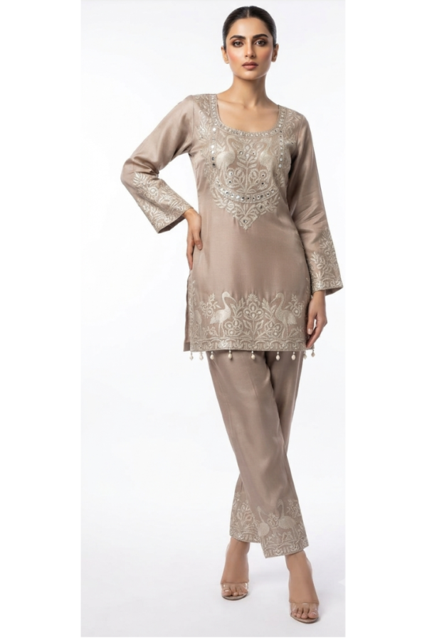 Taupe Embroidered Kurta Set