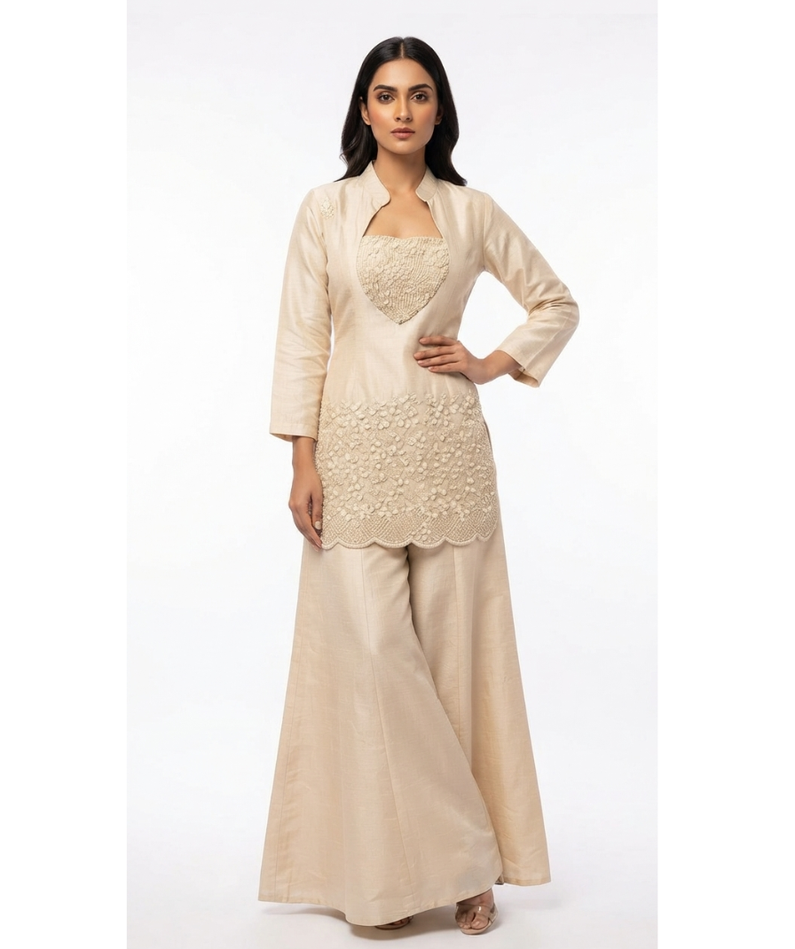 Women’s Beige Embroidered Kurta with Wide-Leg Palazzo Set