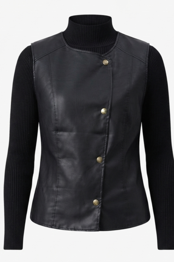 Black Panelled Sleeveless Vest Top with High-Neck Ribbed Long Sleeves – Structured Slim Fit