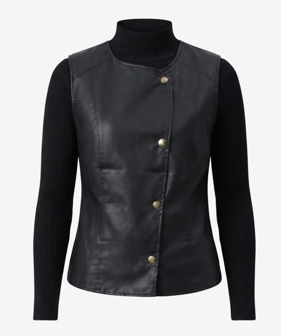 Black Panelled Sleeveless Vest Top with High-Neck Ribbed Long Sleeves – Structured Slim Fit - Image 2