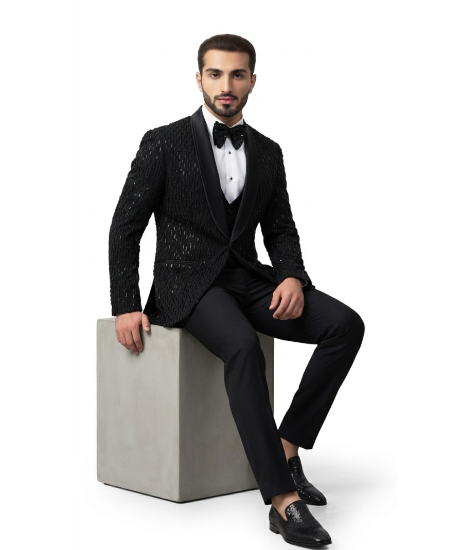 Men’s Black Textured Sequin Tuxedo Suit - Image 3