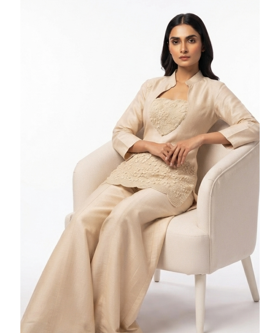 Women’s Beige Embroidered Kurta with Wide-Leg Palazzo Set - Image 3
