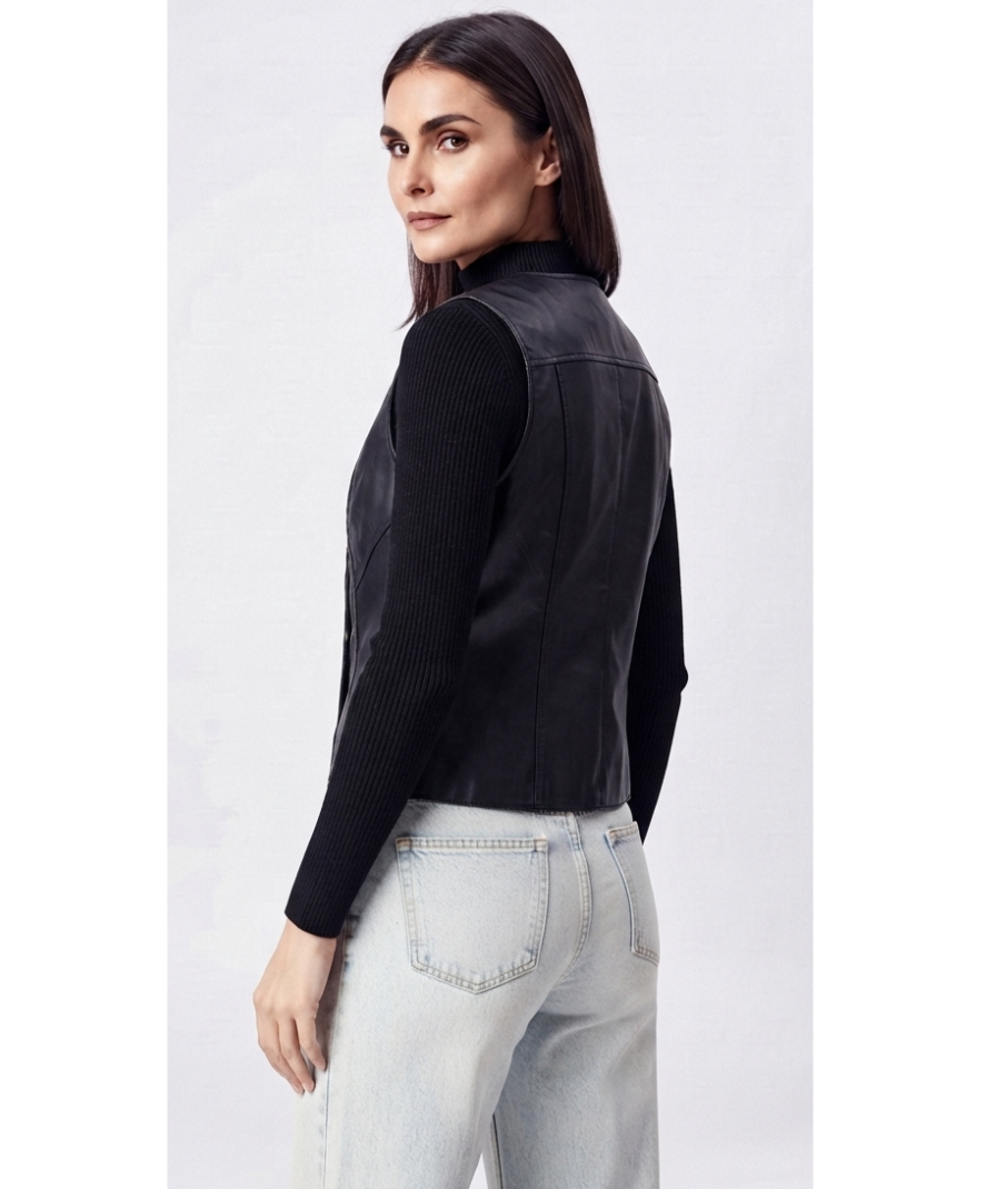Black Panelled Sleeveless Vest Top with High-Neck Ribbed Long Sleeves – Structured Slim Fit - Image 5