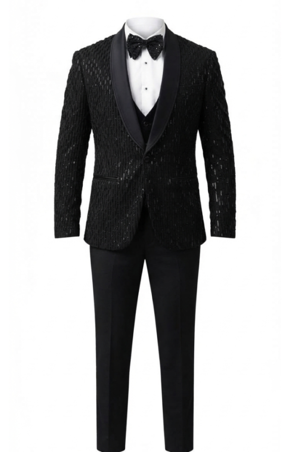Men’s Black Textured Sequin Tuxedo Suit