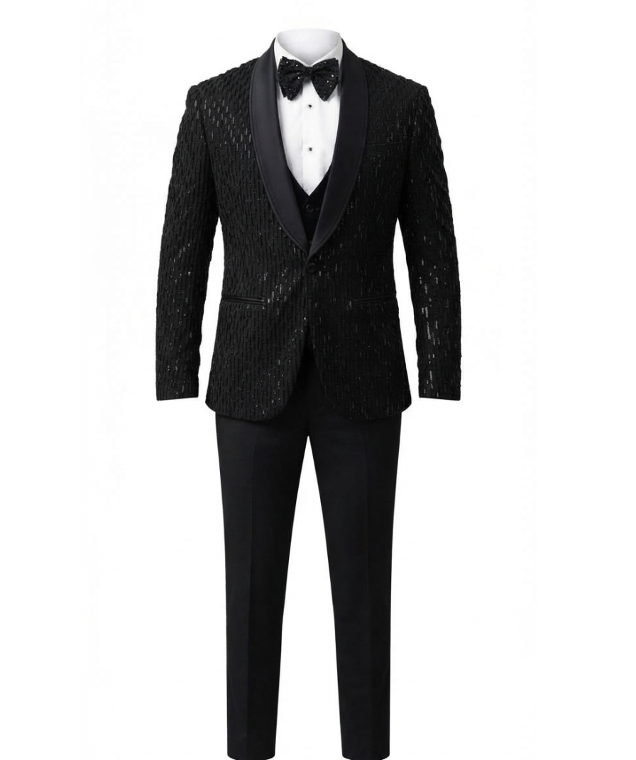 Men’s Black Textured Sequin Tuxedo Suit - Image 2