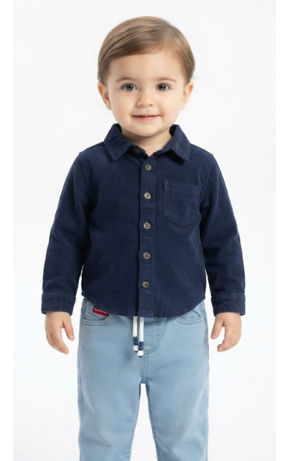 Baby Boys’ Navy Blue Solid Full-Sleeve Shirt & Light Blue Straight-Fit Pants Set