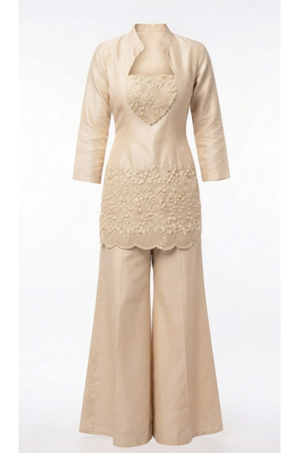 Women’s Beige Embroidered Kurta with Wide-Leg Palazzo Set