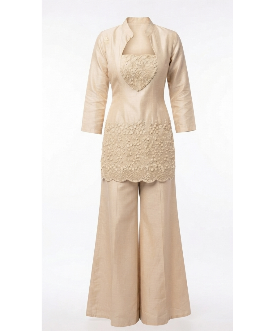 Women’s Beige Embroidered Kurta with Wide-Leg Palazzo Set - Image 2