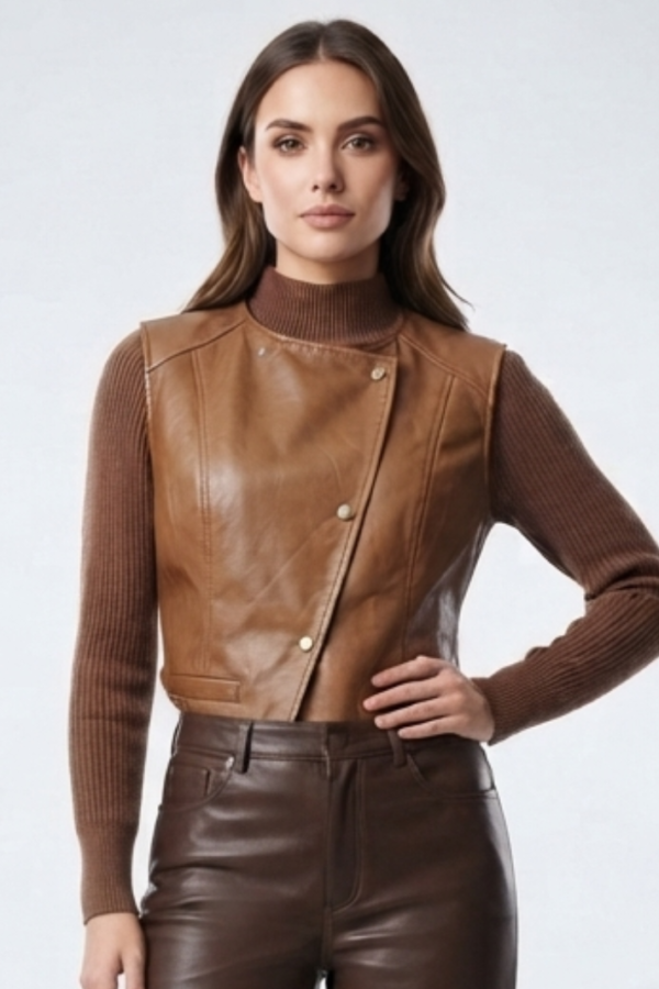 Brown Layered Sleeveless Vest Top with High Neck and Long Sleeves