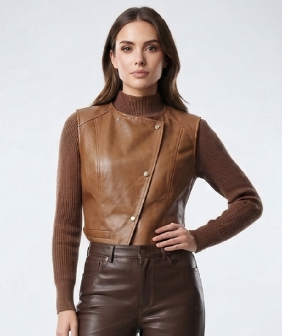 Brown Layered Sleeveless Vest Top with High Neck and Long Sleeves
