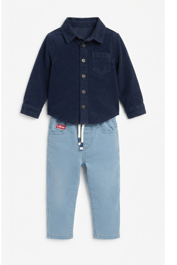 Baby Boys’ Navy Blue Solid Full-Sleeve Shirt & Light Blue Straight-Fit Pants Set