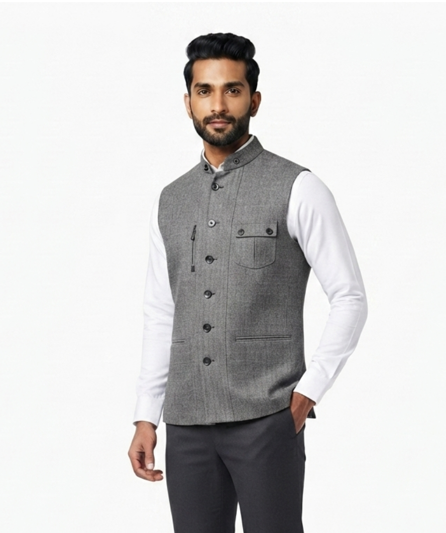 Grey Textured Nehru Jacket