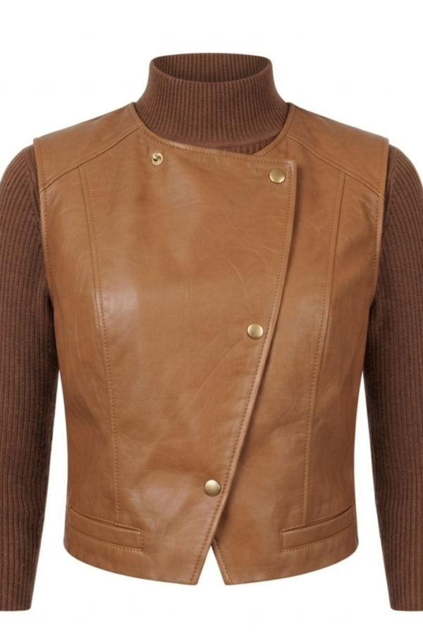 Brown Layered Sleeveless Vest Top with High Neck and Long Sleeves