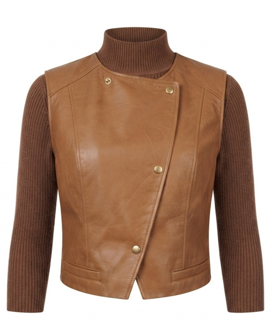 Brown Layered Sleeveless Vest Top with High Neck and Long Sleeves - Image 2