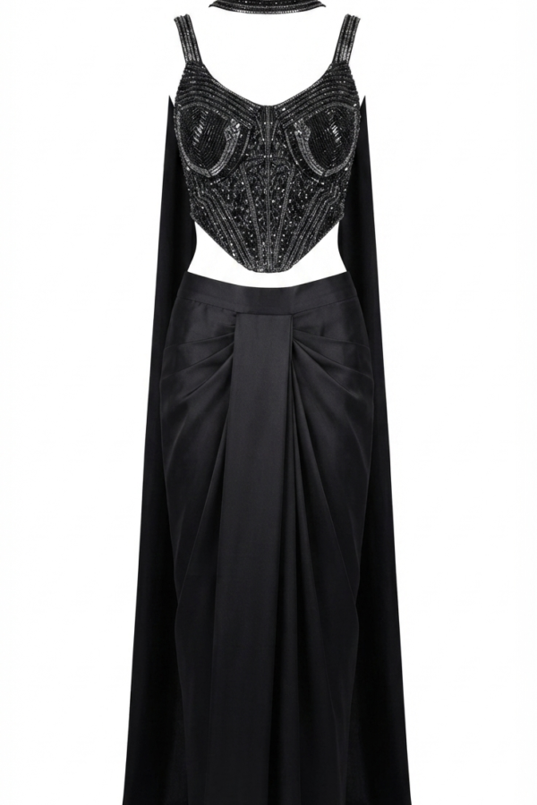 Black Embellished Corset-Style Top with Draped Wide-Leg Trousers
