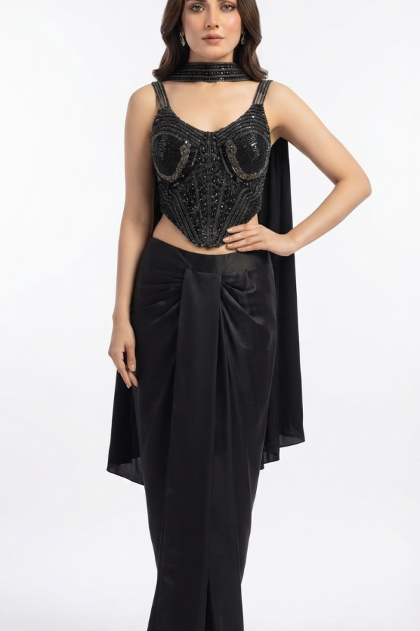 Black Embellished Corset-Style Top with Draped Wide-Leg Trousers