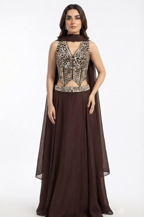 Dark Brown Embellished Lehenga Set