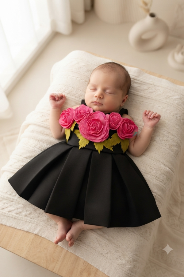 Baby Girls’ Black Floral 3D Appliqué Party Dress with Pink Rose Details – Sleeveless Occasion Wear