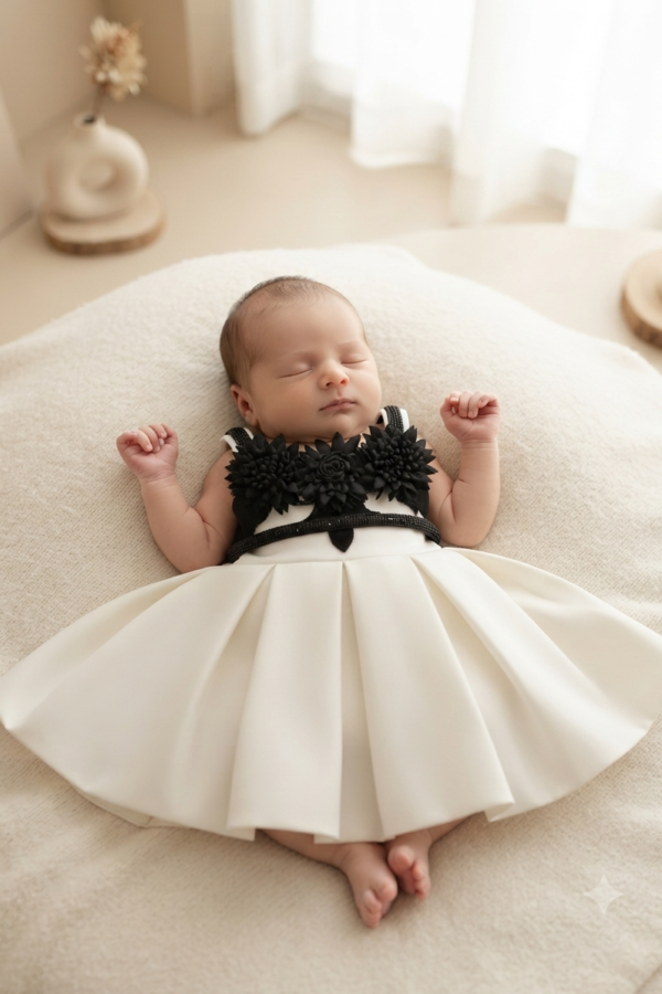 Baby Girls’ Ivory Floral Appliqué Party Dress with Black Flower Detail – Sleeveless Occasion Wear