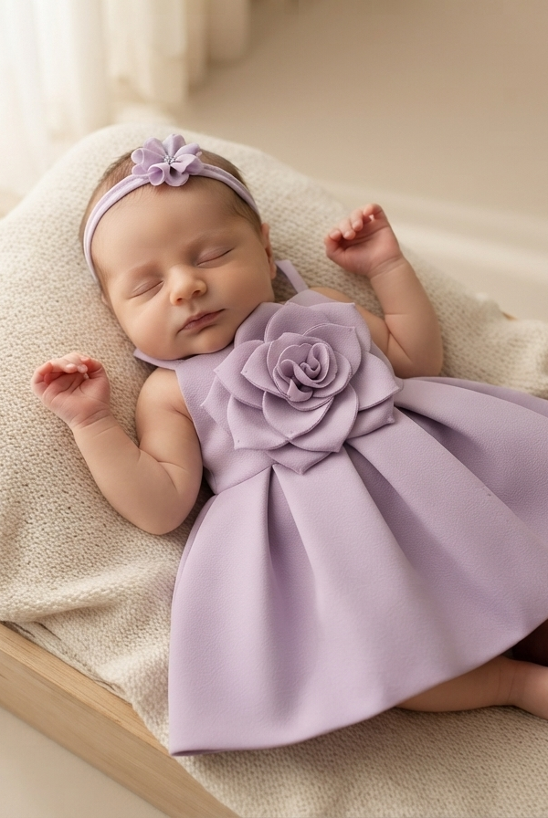 Baby Girls’ Lavender Floral 3D Appliqué Party Dress with Waist Bow – Sleeveless Occasion We