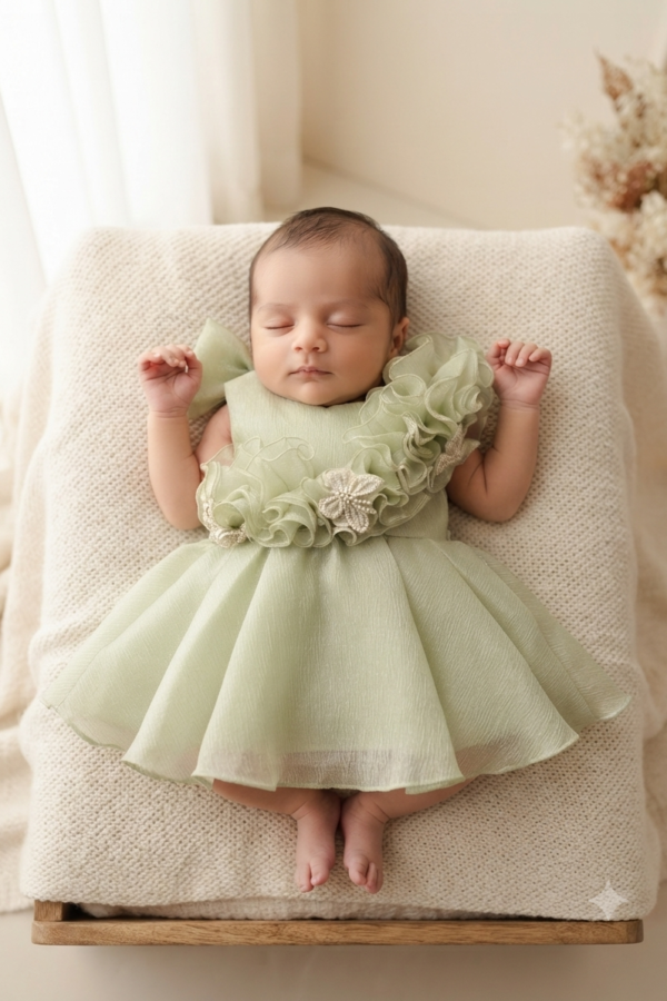 Baby Girls’ Pastel Green Ruffled Party Dress with Floral Appliqué – Sleeveless Occasion Wear