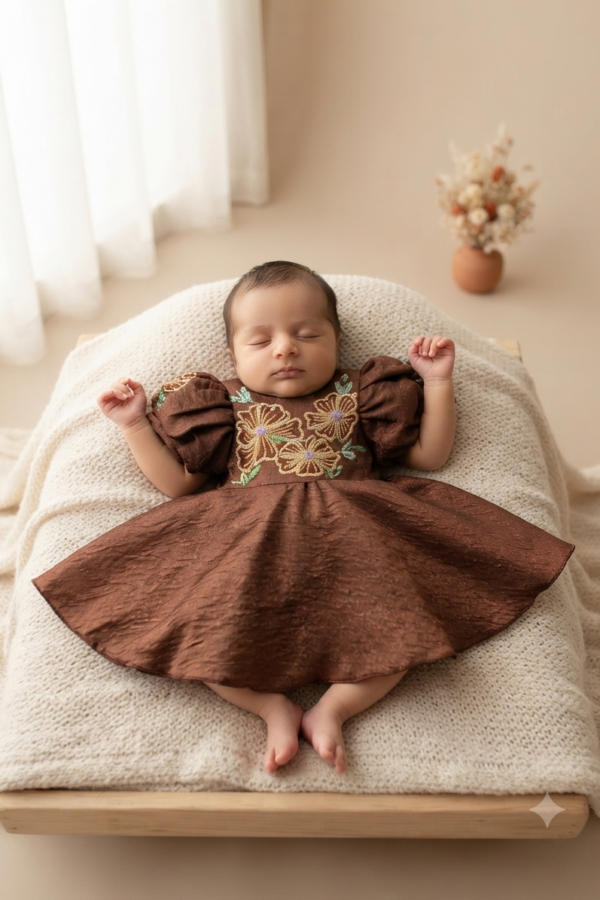 Baby Girls’ Brown Floral Embroidered Dress with Puff Sleeves – Occasion Wear