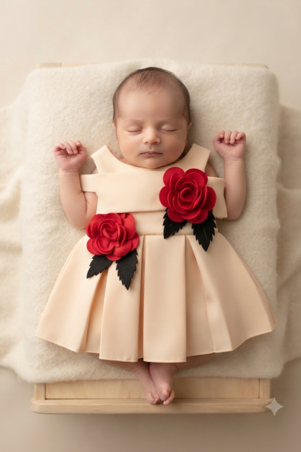 Girls’ Peach Floral Appliqué Party Dress with Red 3D Roses – Sleeveless Round Neck