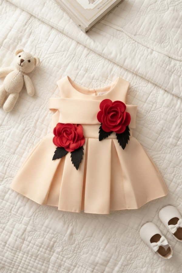 Girls’ Peach Floral Appliqué Party Dress with Red 3D Roses – Sleeveless Round Neck