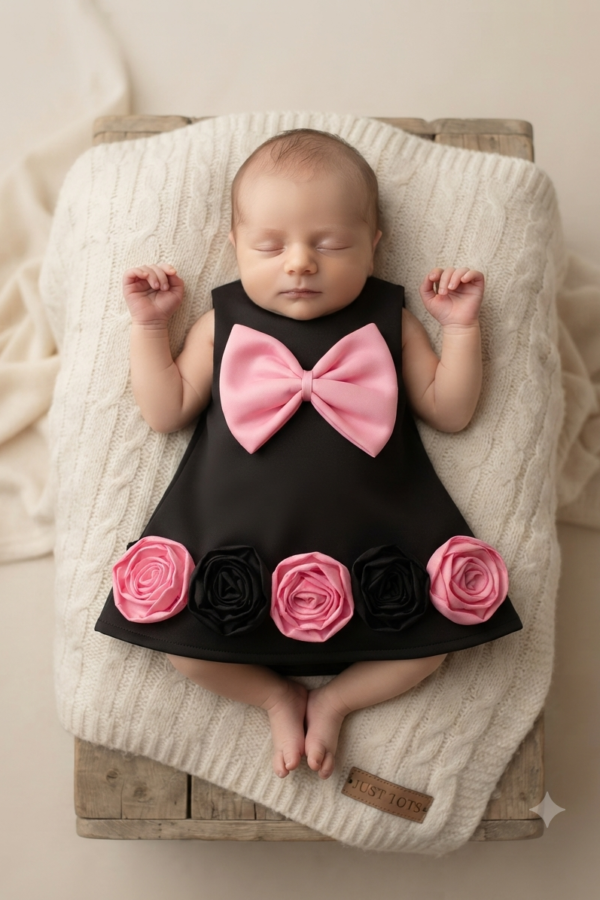 Baby Girls’ Black Floral Appliqué Dress with Pink Bow and Rose Details – Sleeveless Party Dress