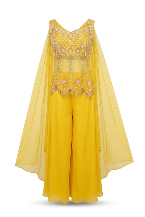 Yellow Embellished Sleeveless Ethnic Set