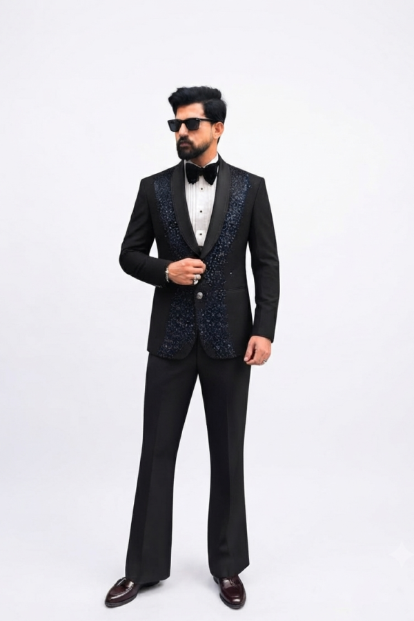 Black Textured Tuxedo Suit
