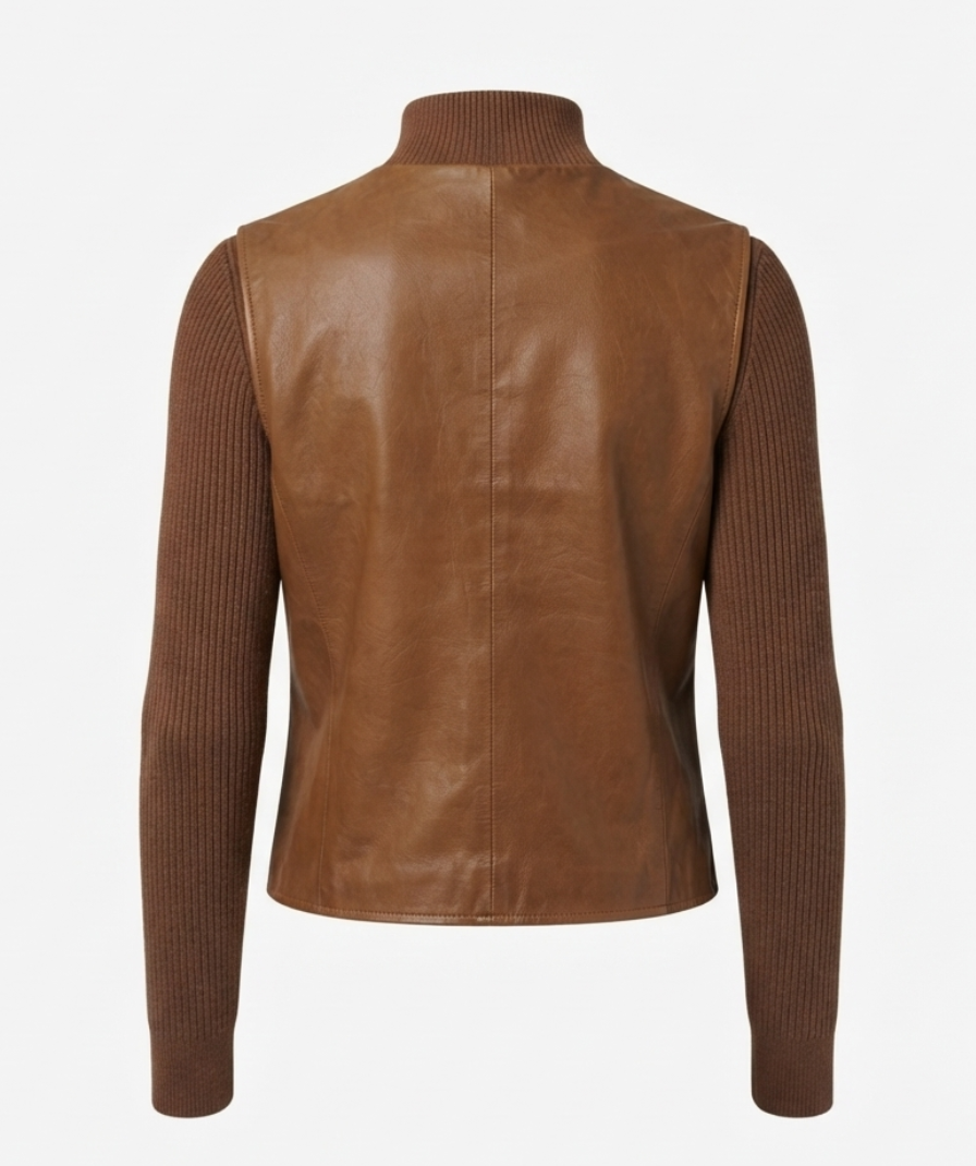 Brown Layered Sleeveless Vest Top with High Neck and Long Sleeves - Image 3