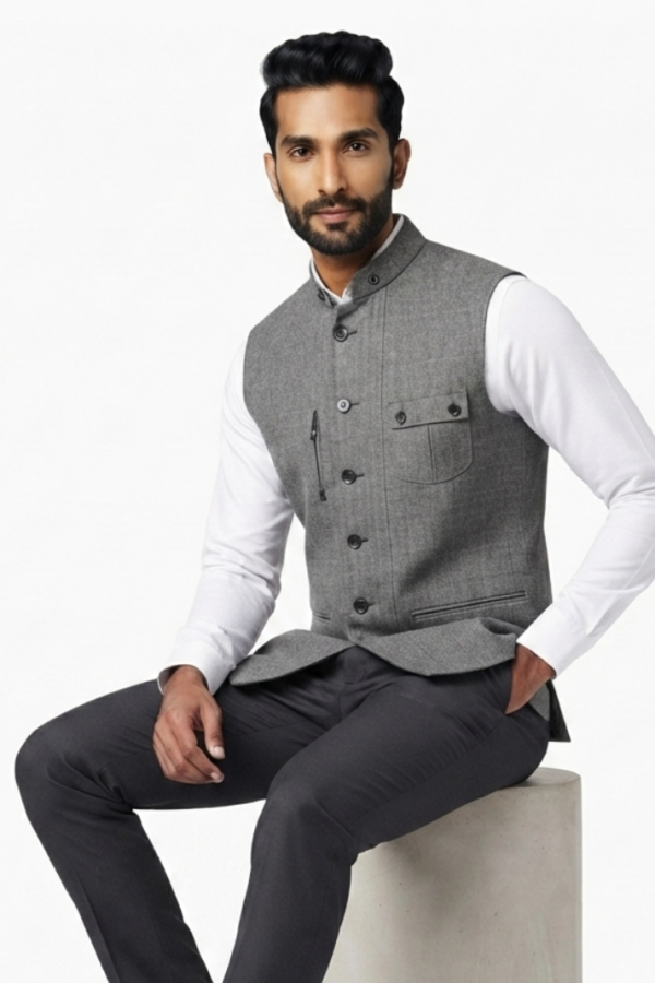 Grey Textured Nehru Jacket