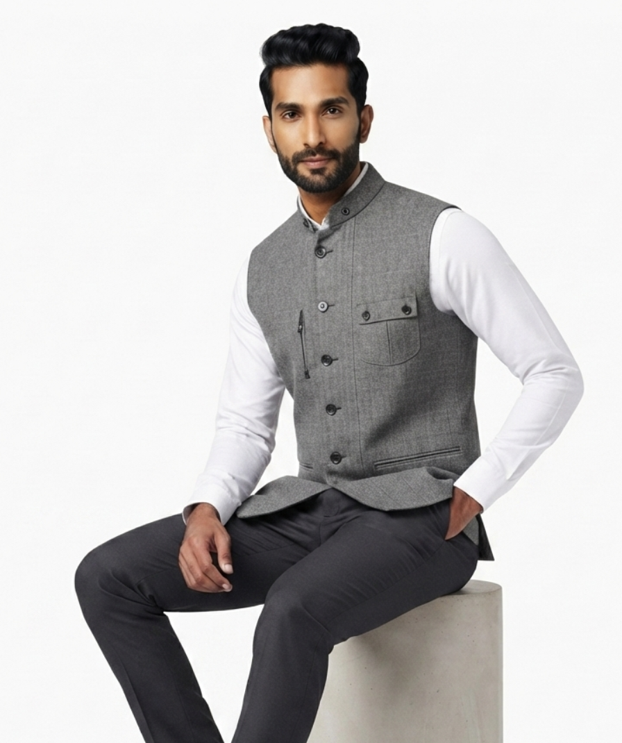 Grey Textured Nehru Jacket - Image 2