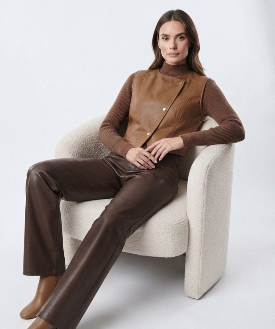 Brown Layered Sleeveless Vest Top with High Neck and Long Sleeves - Image 4