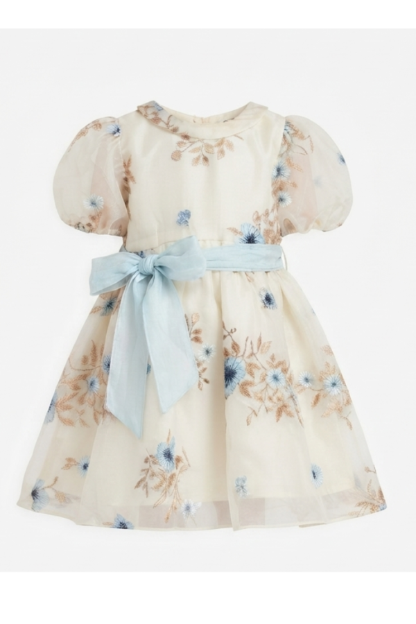 Ivory Floral Embroidered Girls' Fit & Flare Dress