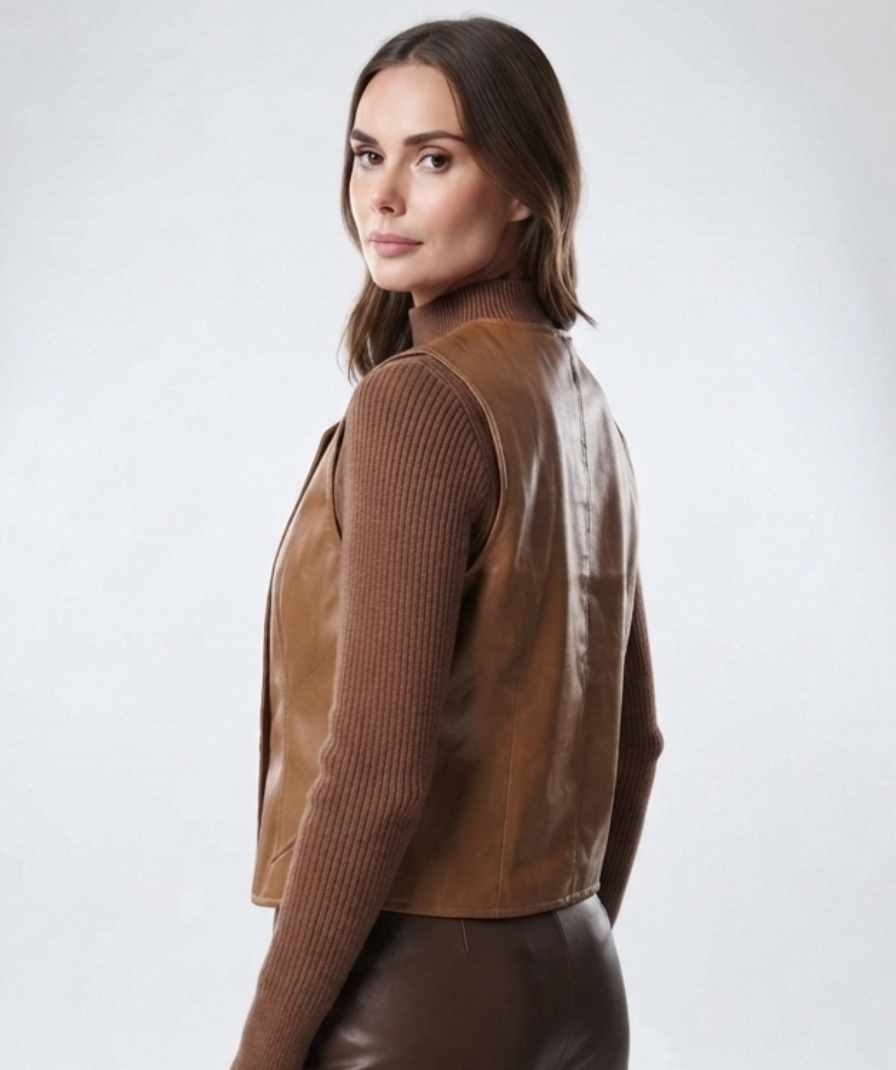Brown Layered Sleeveless Vest Top with High Neck and Long Sleeves - Image 5