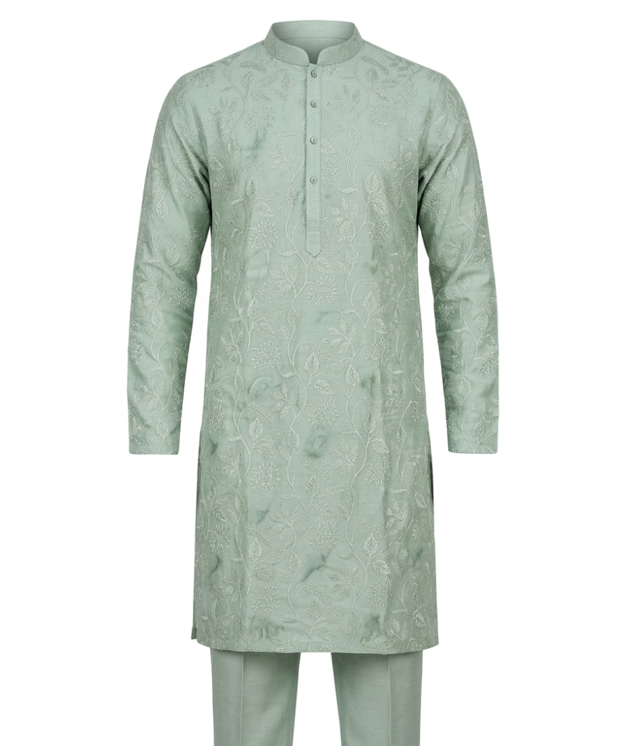 Men’s Pastel Green Textured Pattern Kurta - Image 2