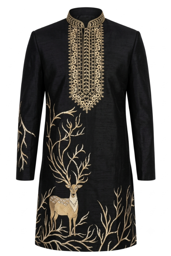 Men’s Black Deer Motif Embroidered Kurta