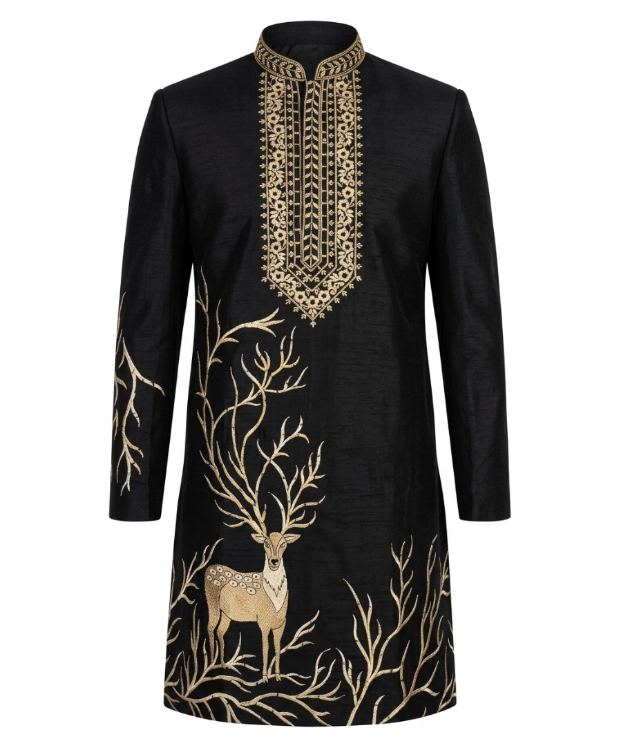 Men’s Black Deer Motif Embroidered Kurta - Image 2