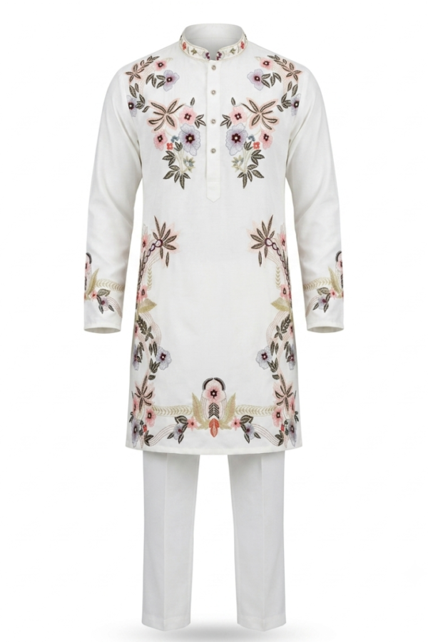 Men’s Off-White Floral Embroidered Kurta