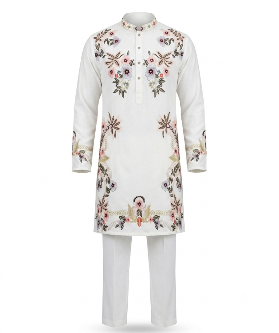 Men’s Off-White Floral Embroidered Kurta - Image 2