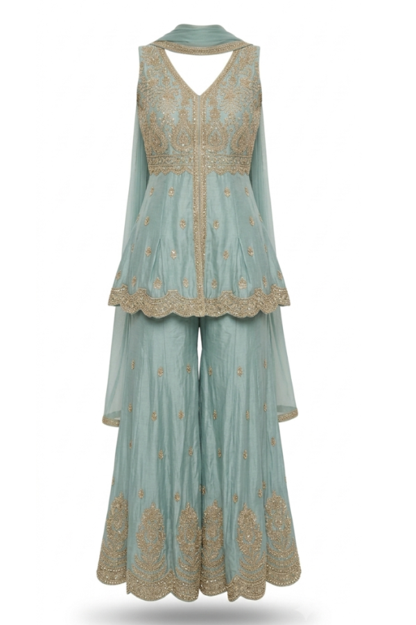 Women’s Sage Green Embellished Peplum Top with Flared Pants Set