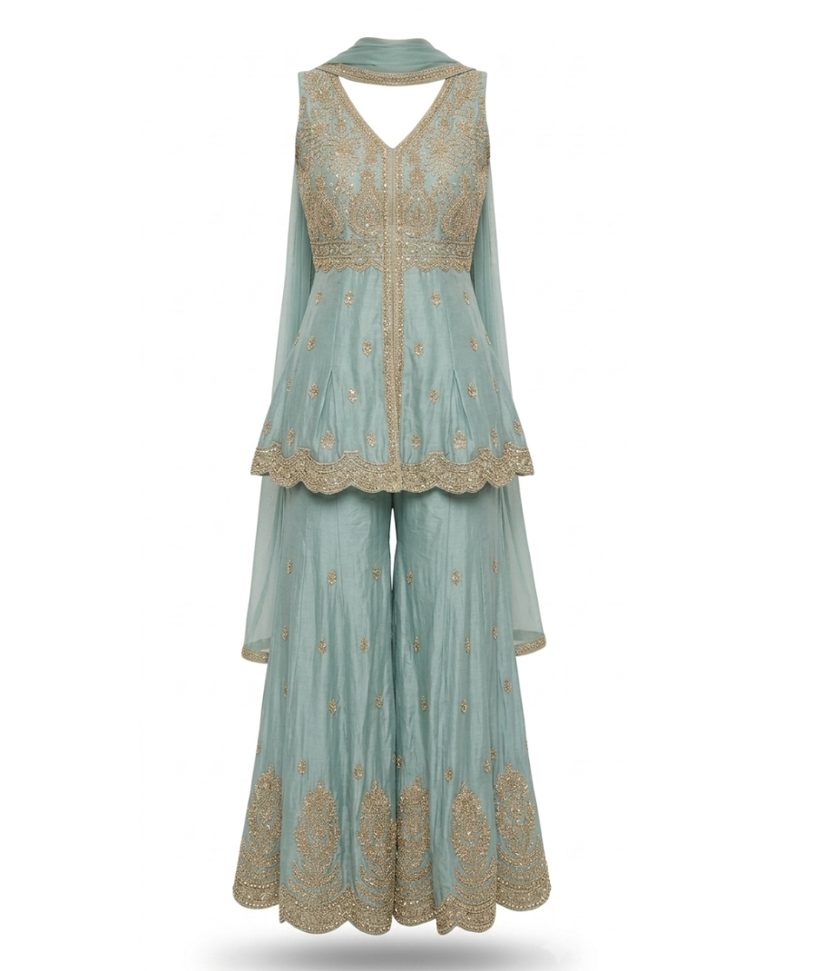 Women’s Sage Green Embellished Peplum Top with Flared Pants Set - Image 2
