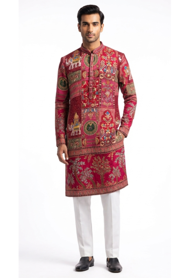 Maroon Multicolour Printed Patchwork-Style Kurta